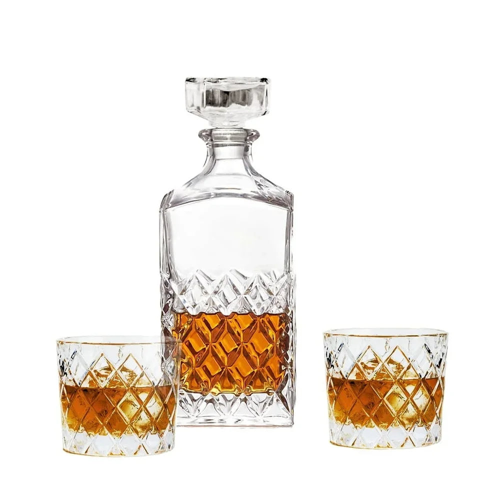 Diamond Cut Clear Glass Decanter and DOF Set Durable Dishwasher Safe | Bowlift
