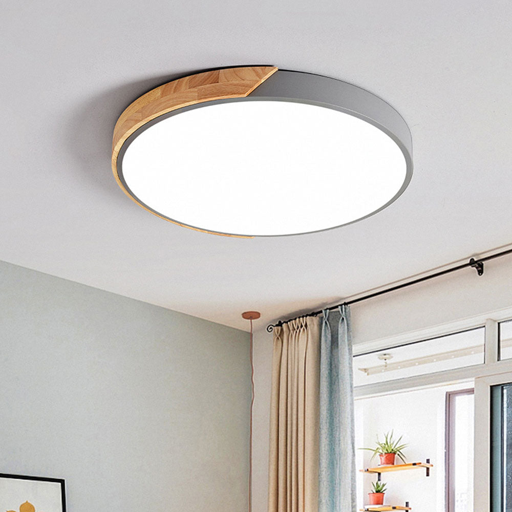 Minimalistic Round LED Ceiling Light with Wood Décor – Modern Design, Dimmable | Bowlift