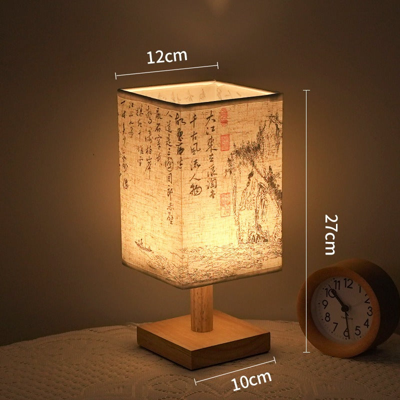 LED table lamp in a square design – wooden base with Japanese pattern | Bowlift