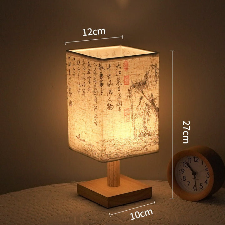 LED table lamp in a square design – wooden base with Japanese pattern | Bowlift