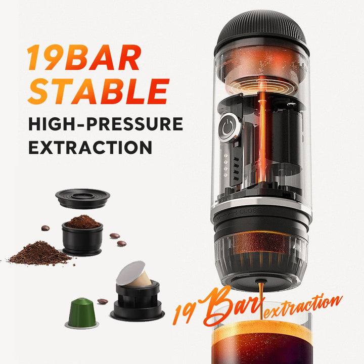 Self-Heating Portable Electric Espresso Machine with USB-C Charger For Ground Coffee & NS Capsules Bowlift