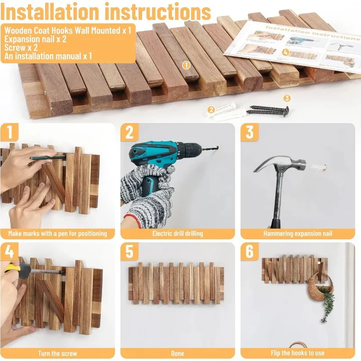 BowLift | Rustic Wall-Mounted Coat Rack with 8 Flip Hooks