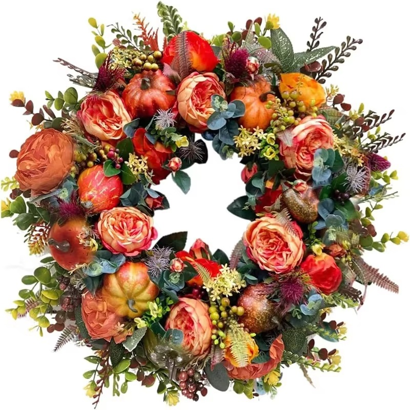 BowLift | Autumn Wreath 40 cm Peony Flowers and Pumpkins Door Decoration