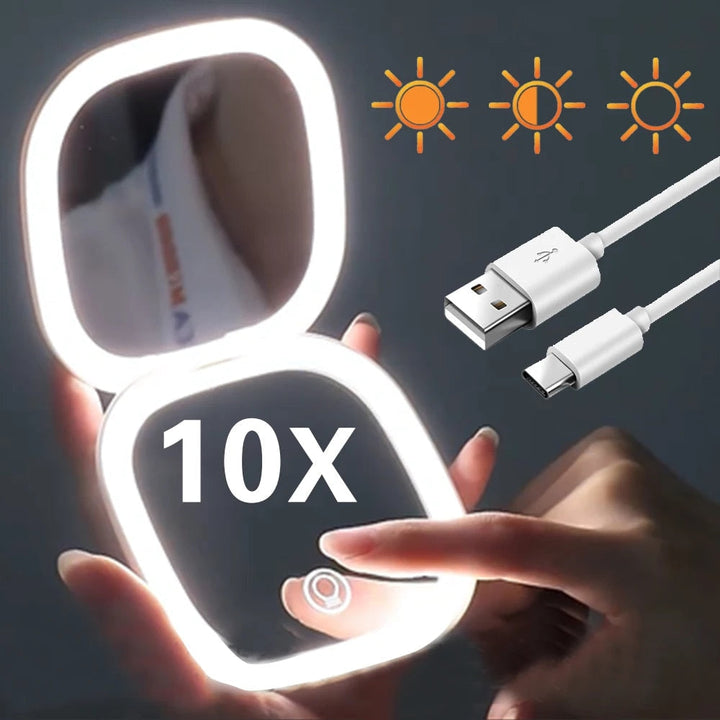 BowLift | Mini LED 10x Magnification Cosmetic Mirror with Various Light Settings, USB Rechargeable
