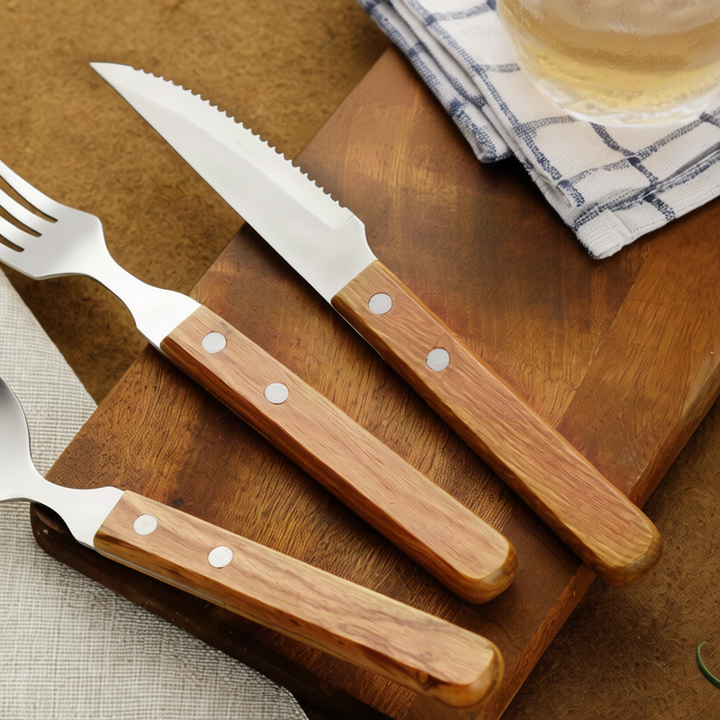 Cutlery set 12-piece, stainless steel with wooden handle