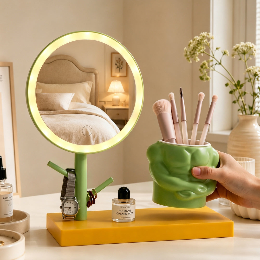 Makeup mirror with LED lighting and shelf