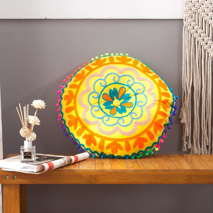Round seat cushion, hand-embroidered, Boho style