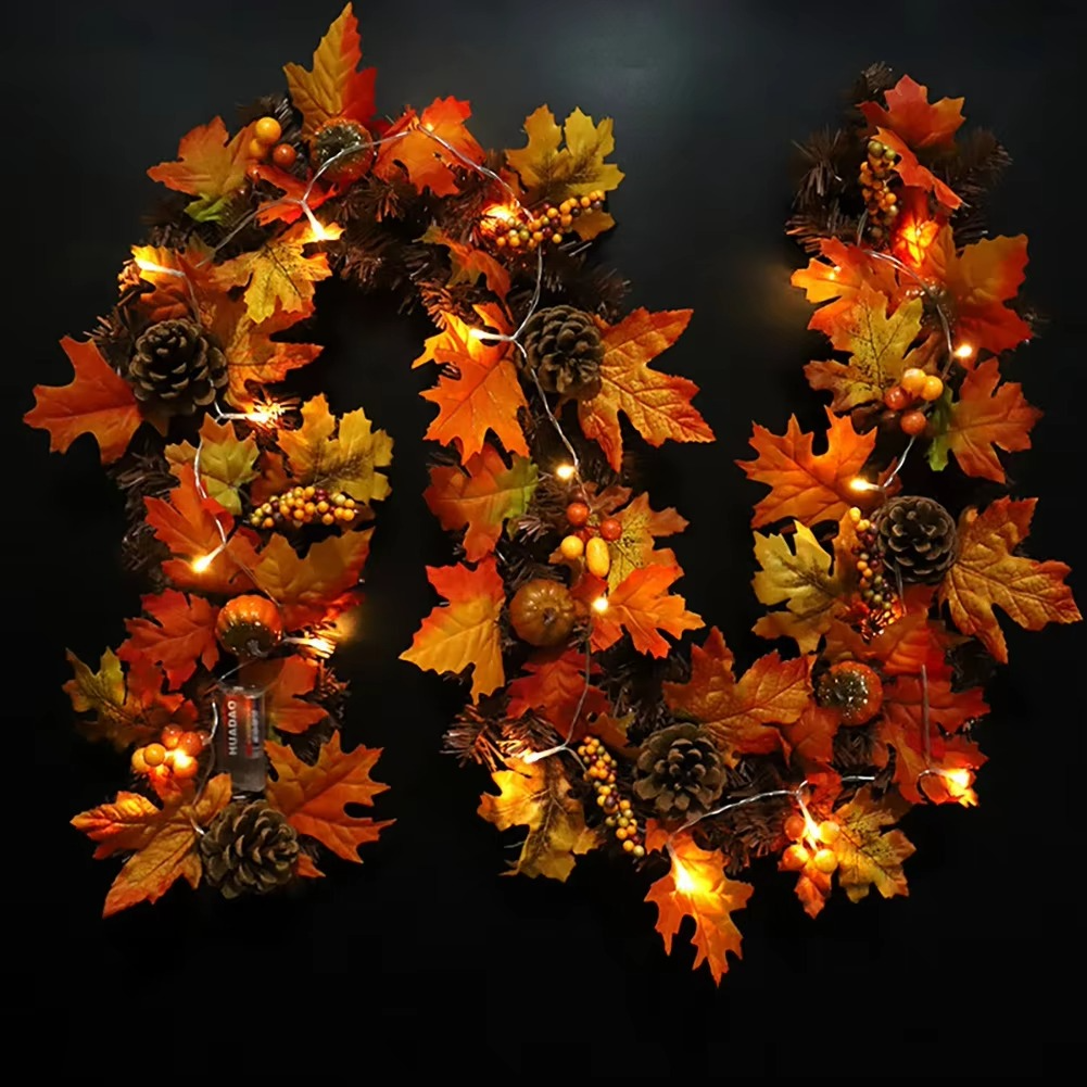BowLift | Autumn garland with maple leaves — decoration with pine cones, pumpkins, and berries (180 cm)