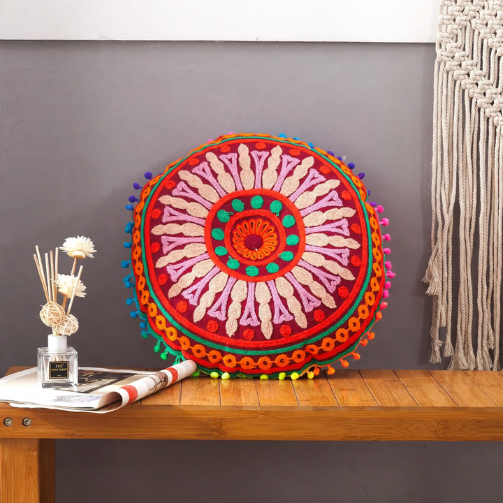 Round seat cushion, hand-embroidered, Boho style