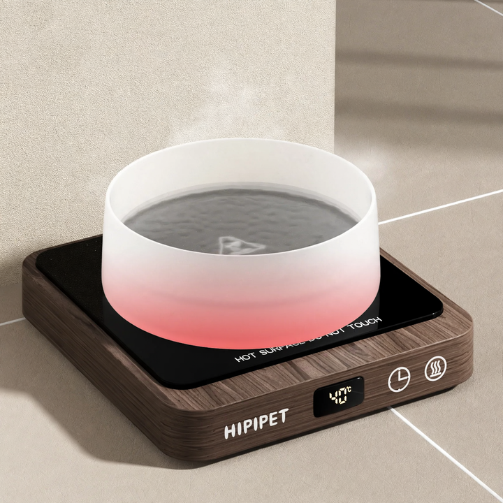 Heated drinking bowl with glass bowl and wooden base