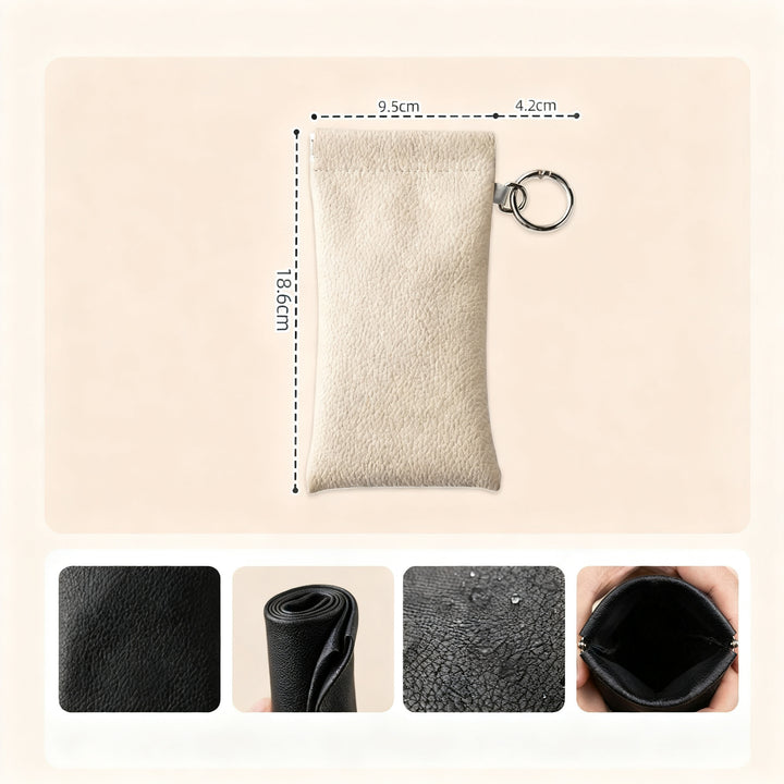 Leather glasses case with cleaning cloth and hangtag