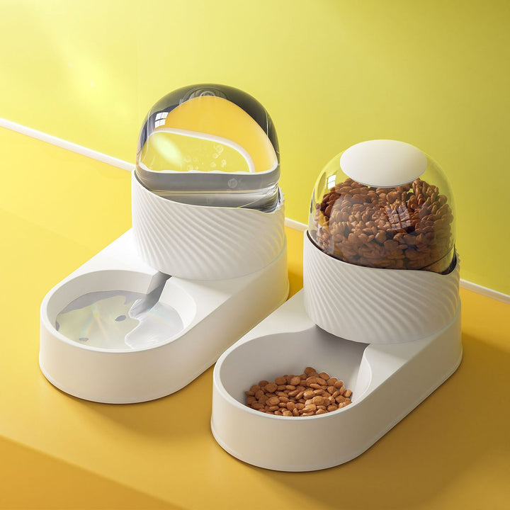 White drinking and feeding station for cats and dogs