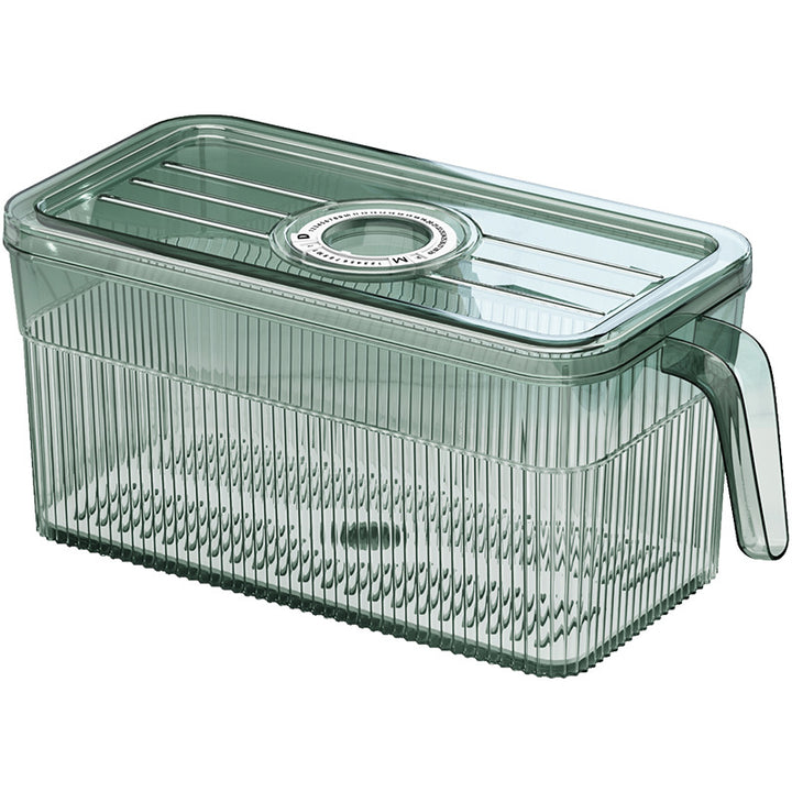 Refrigerator storage container with drain and timer function
