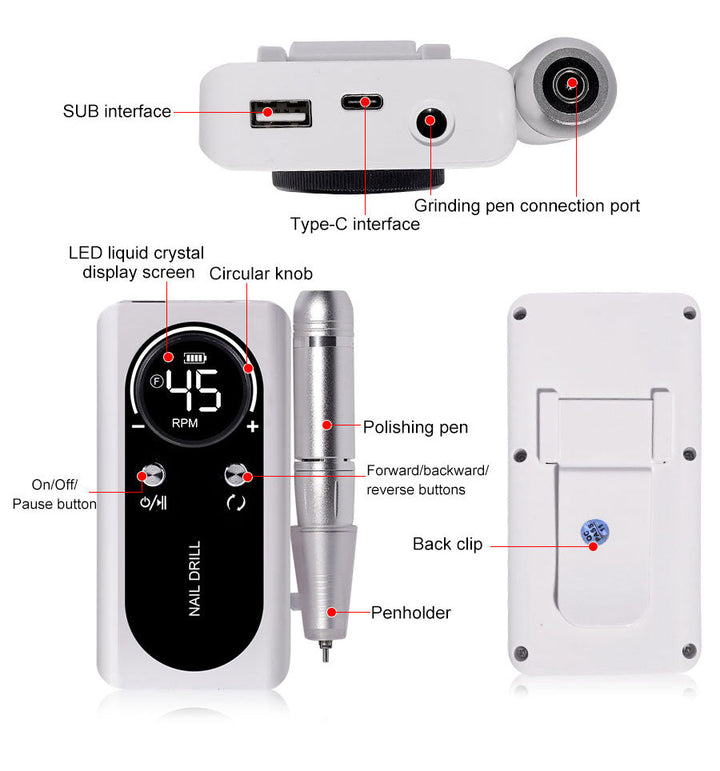 BowLift | Professional 45000RPM portable electric nail file with rechargeable battery | Low noise level for manicure