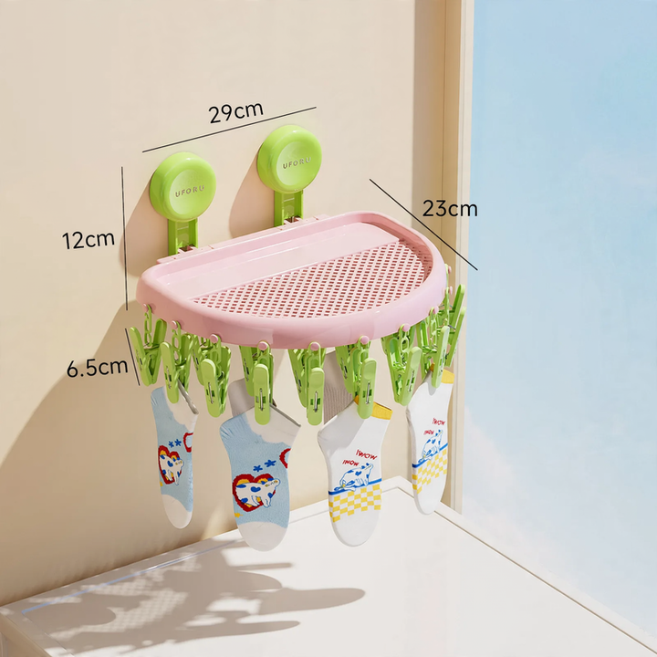 Clothes drying rack with suction cup and 24 clips