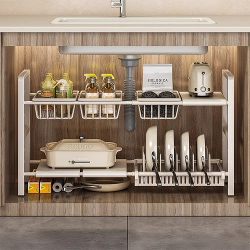 Expandable under-sink shelf for the kitchen