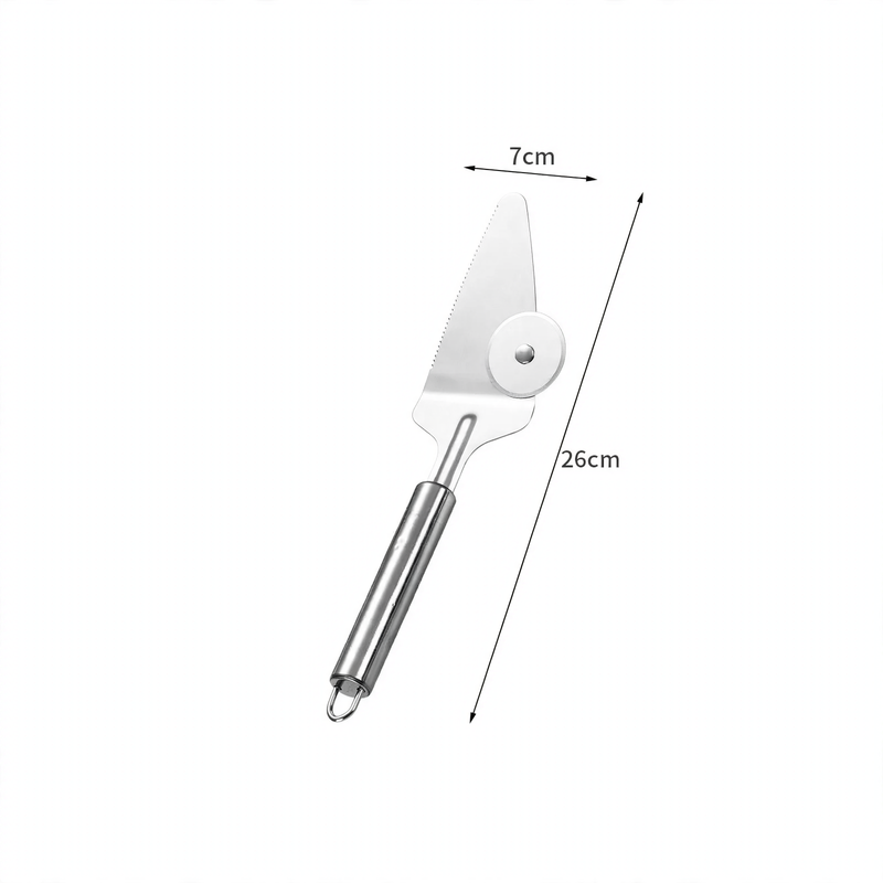 Pizza cutter and cake server made of stainless steel