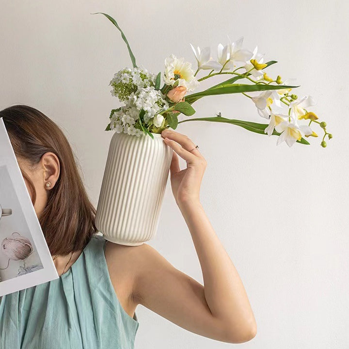 Ceramic flower vase with grooves, modern, white