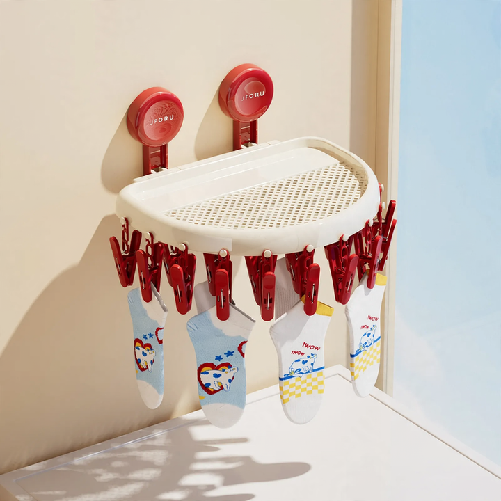 Foldable drying rack with suction cup, 24 clips
