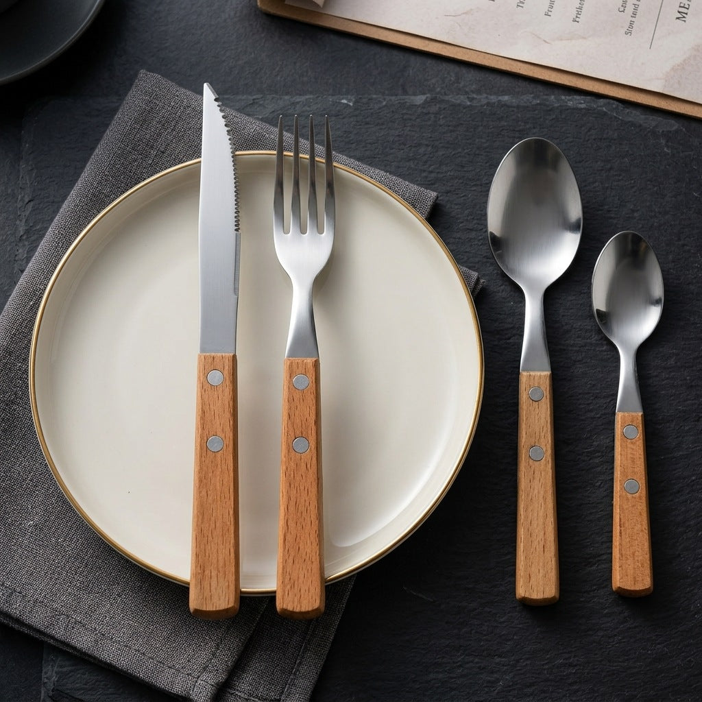 Cutlery set 12-piece, stainless steel with wooden handle