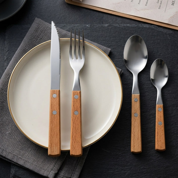 Cutlery set 12-piece, stainless steel with wooden handle