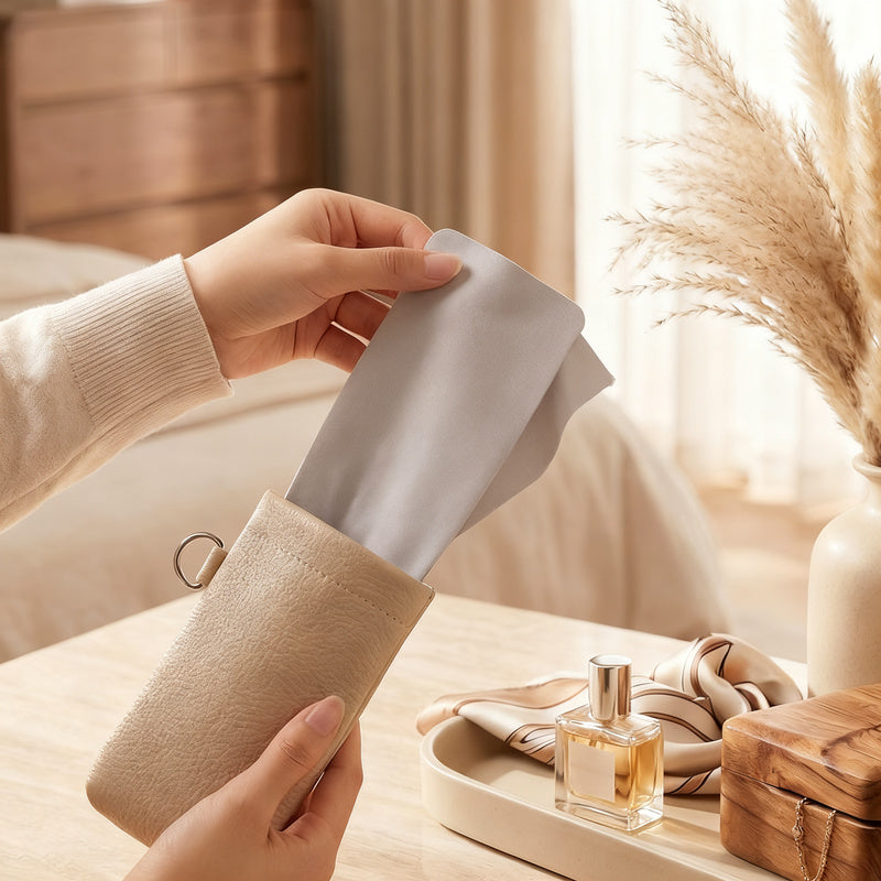 Leather glasses case with cleaning cloth and hangtag