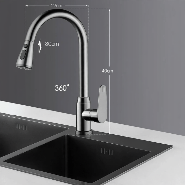 Kitchen faucet with retractable spout, cold and hot water