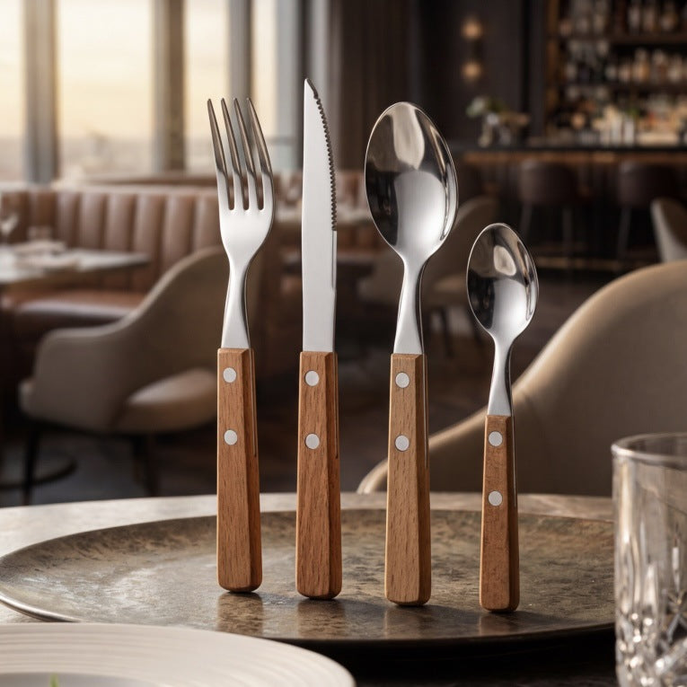 Cutlery set 12-piece, stainless steel with wooden handle