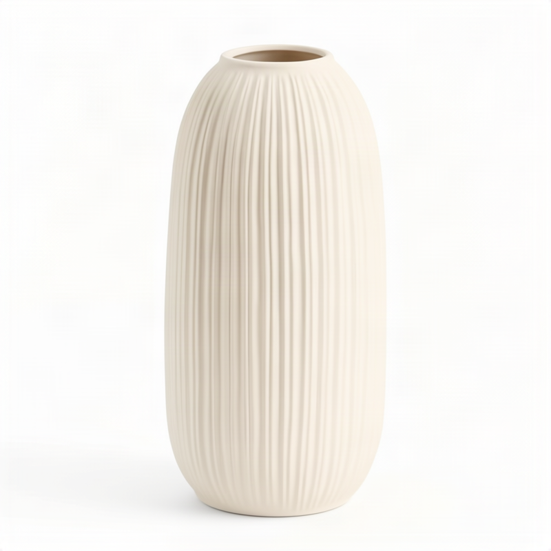 Ceramic flower vase with grooves, modern, white