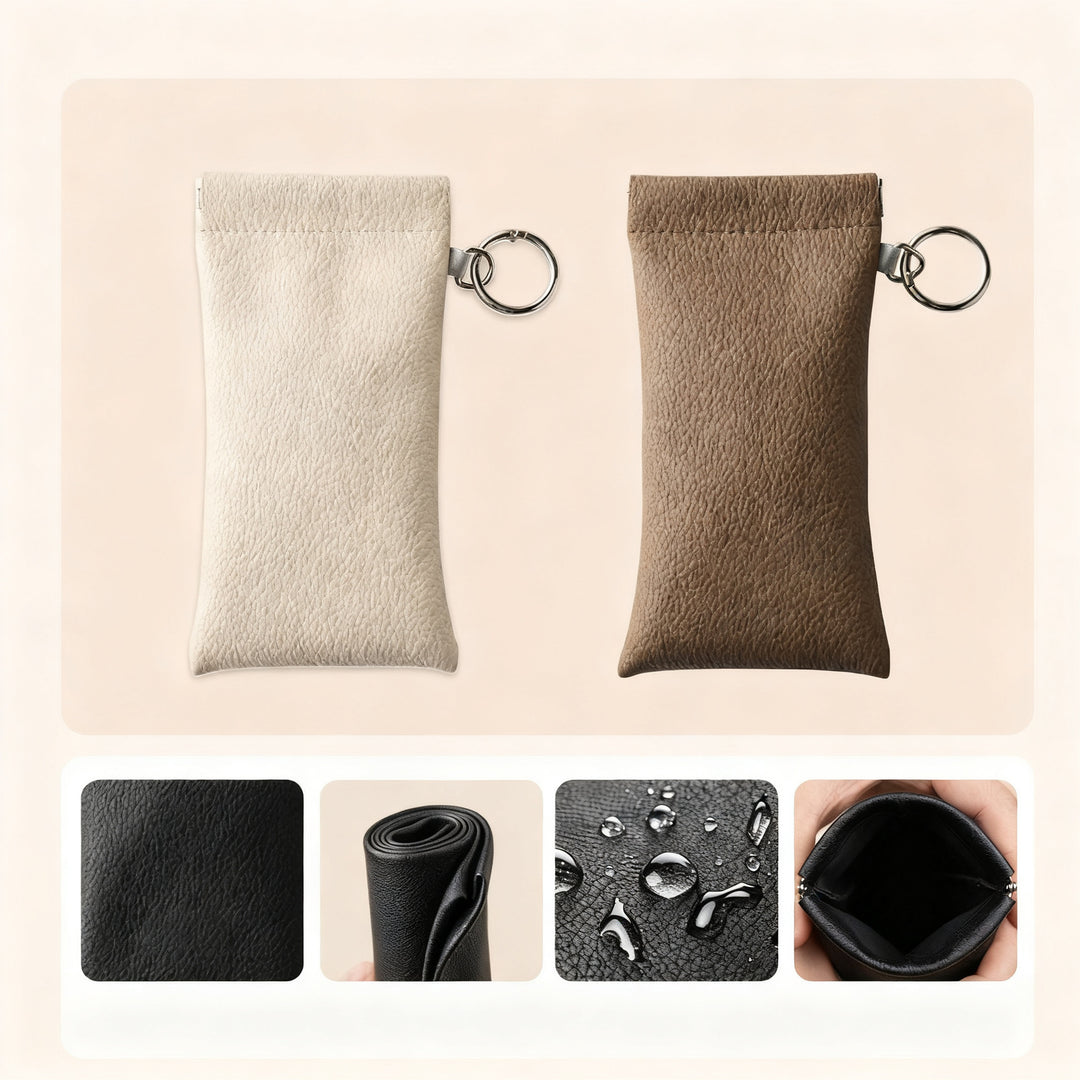 Leather glasses case with cleaning cloth and hangtag