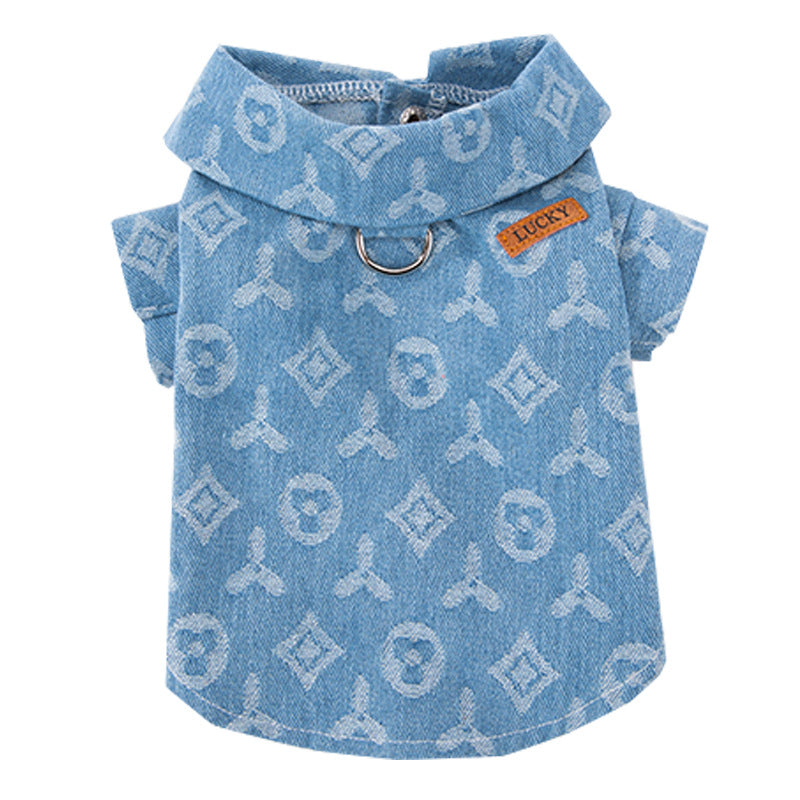 Denim-Dog jacket with leash ring for two front paws