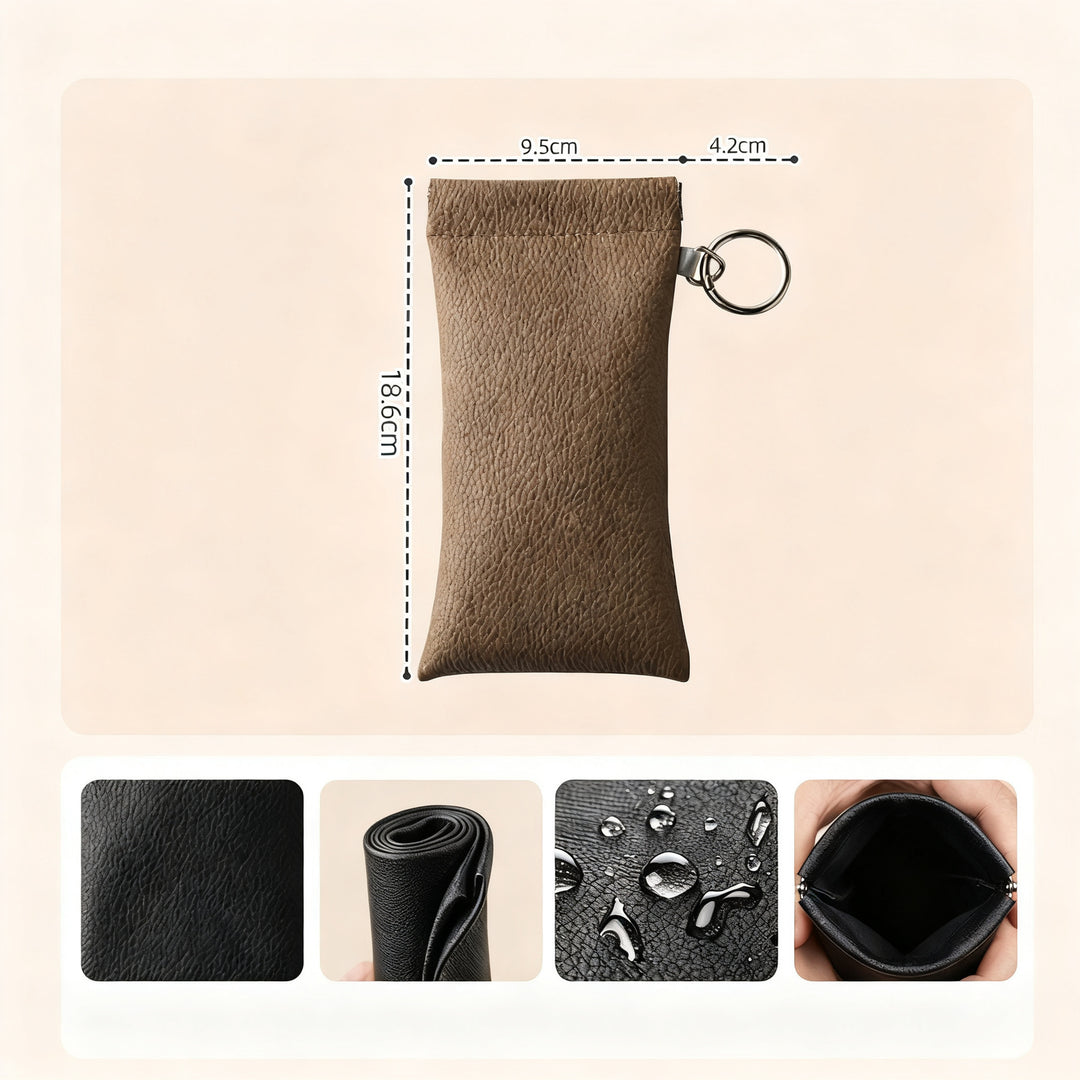 Leather glasses case with cleaning cloth and hangtag