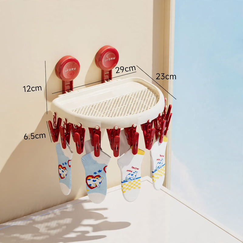 Clothes drying rack with suction cup and 24 clips