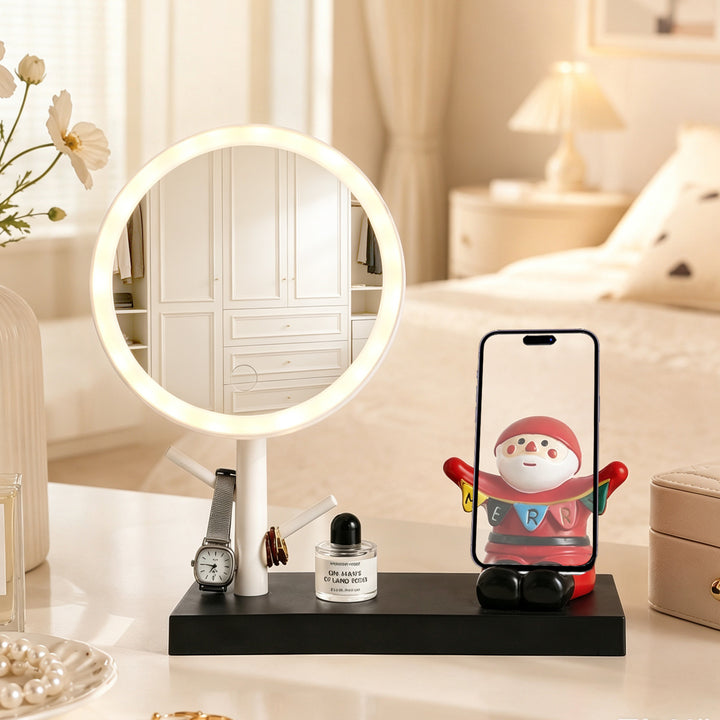 LED makeup mirror with smartphone holder