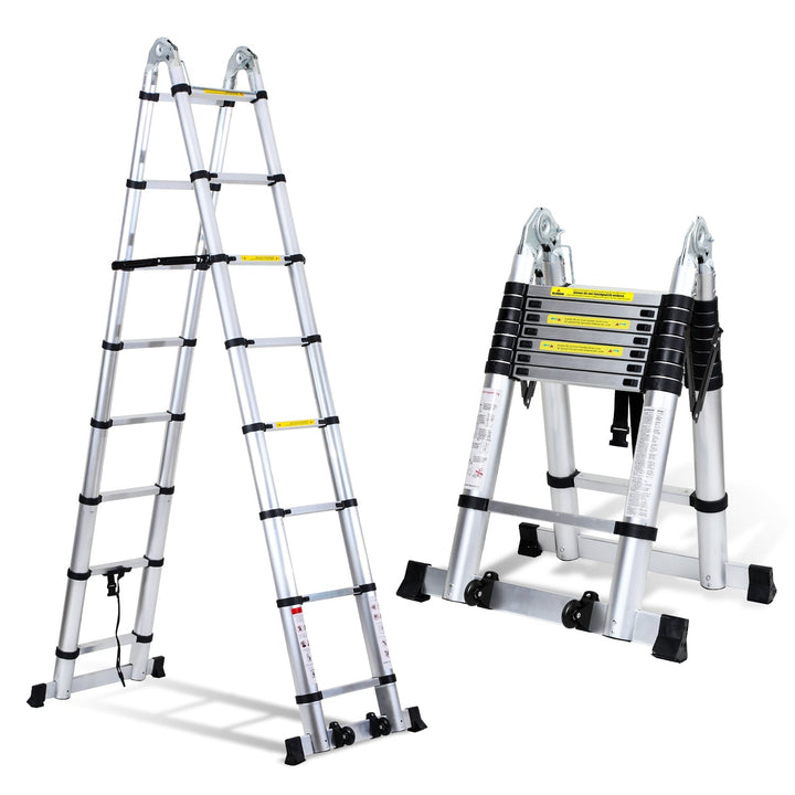 5M Aluminum Telescopic Ladder Folding Ladder with Wheels and Triangle Stabilizer | Bowlift