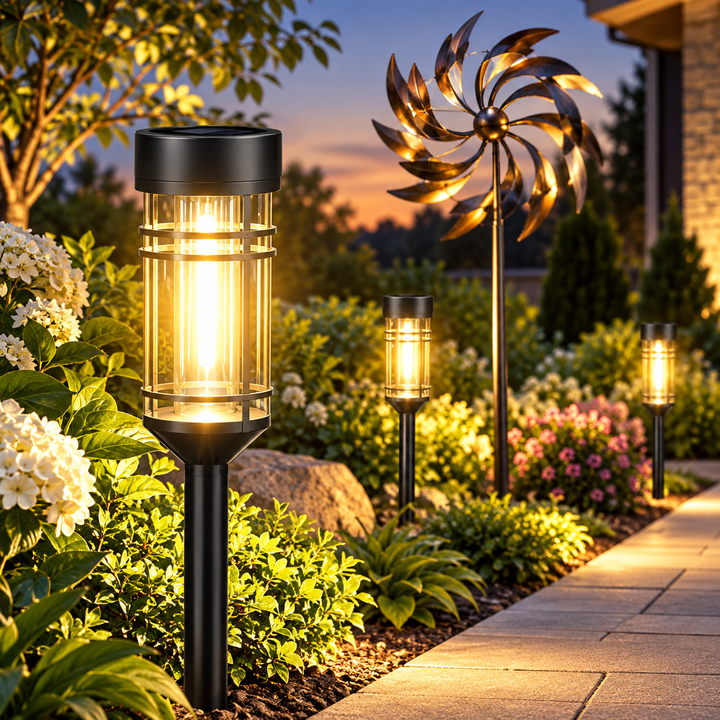 Solar LED Pathway Garden Stake Lights with Vintage Tube Glow Bowlift