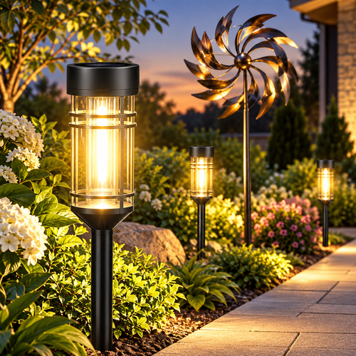 Solar LED Pathway Garden Stake Lights with Vintage Tube Glow Bowlift