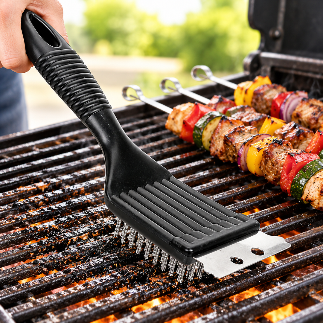 Heavy-Duty Grill Cleaning Brush with Stainless Steel Bristles and Dual-Edge Scraper Bowlift