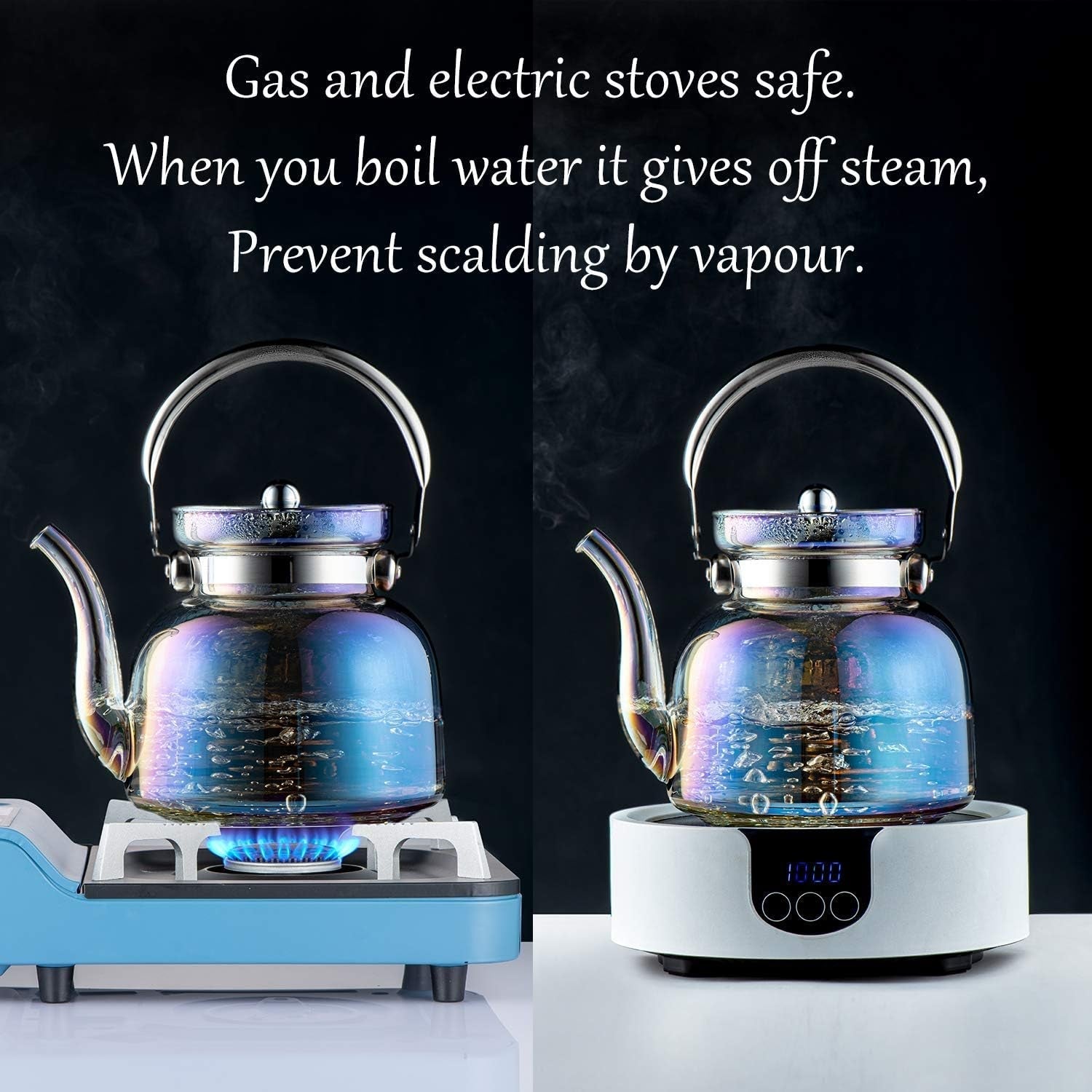 BowLift | 50 Oz(1500Ml) Glass Teapot with Lid, Removable Stainless Steel Tea Strainer and Handle, Stovetop Safe Tea Maker for Blooming and Loose Leaf Tea (Iridescent)