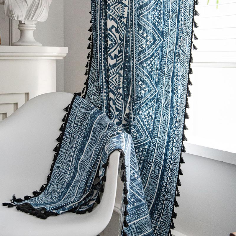 BowLift | Blue geometric pattern light-filtering curtain