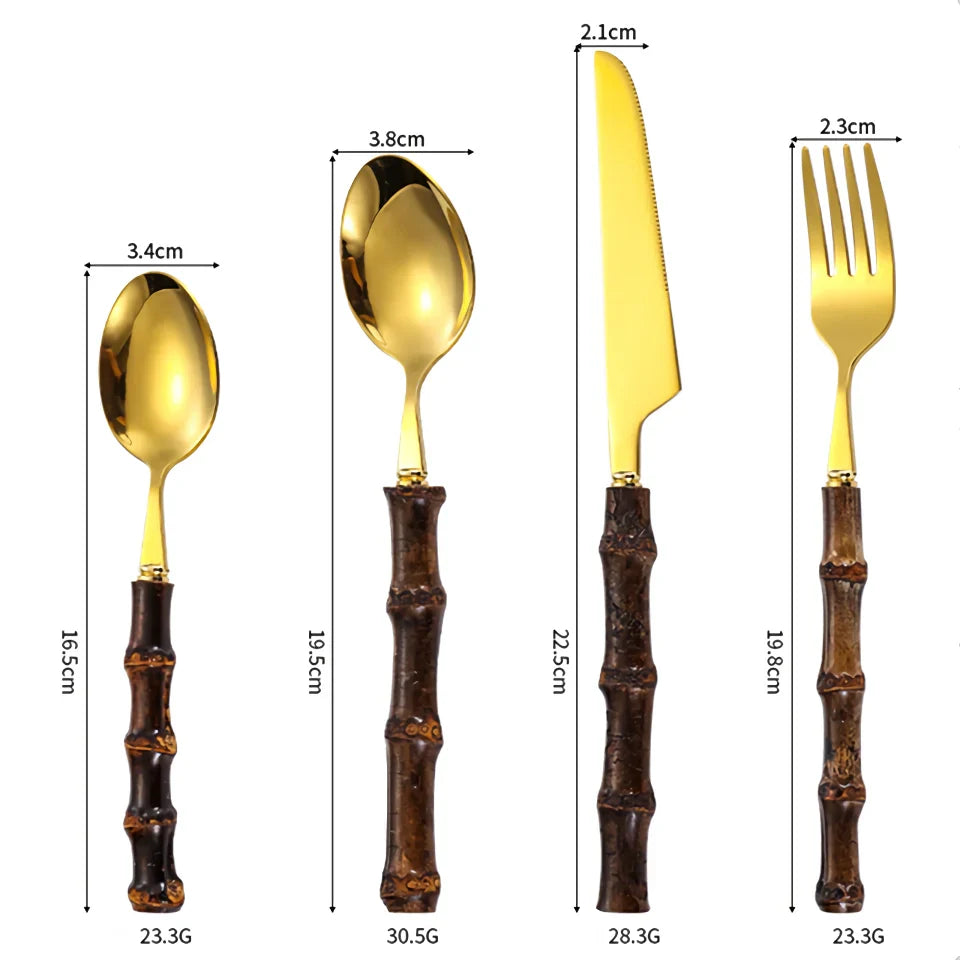 BowLift | Black Bamboo Dinnerware Set - Upscale Stainless Steel Fork and Spoon Tableware