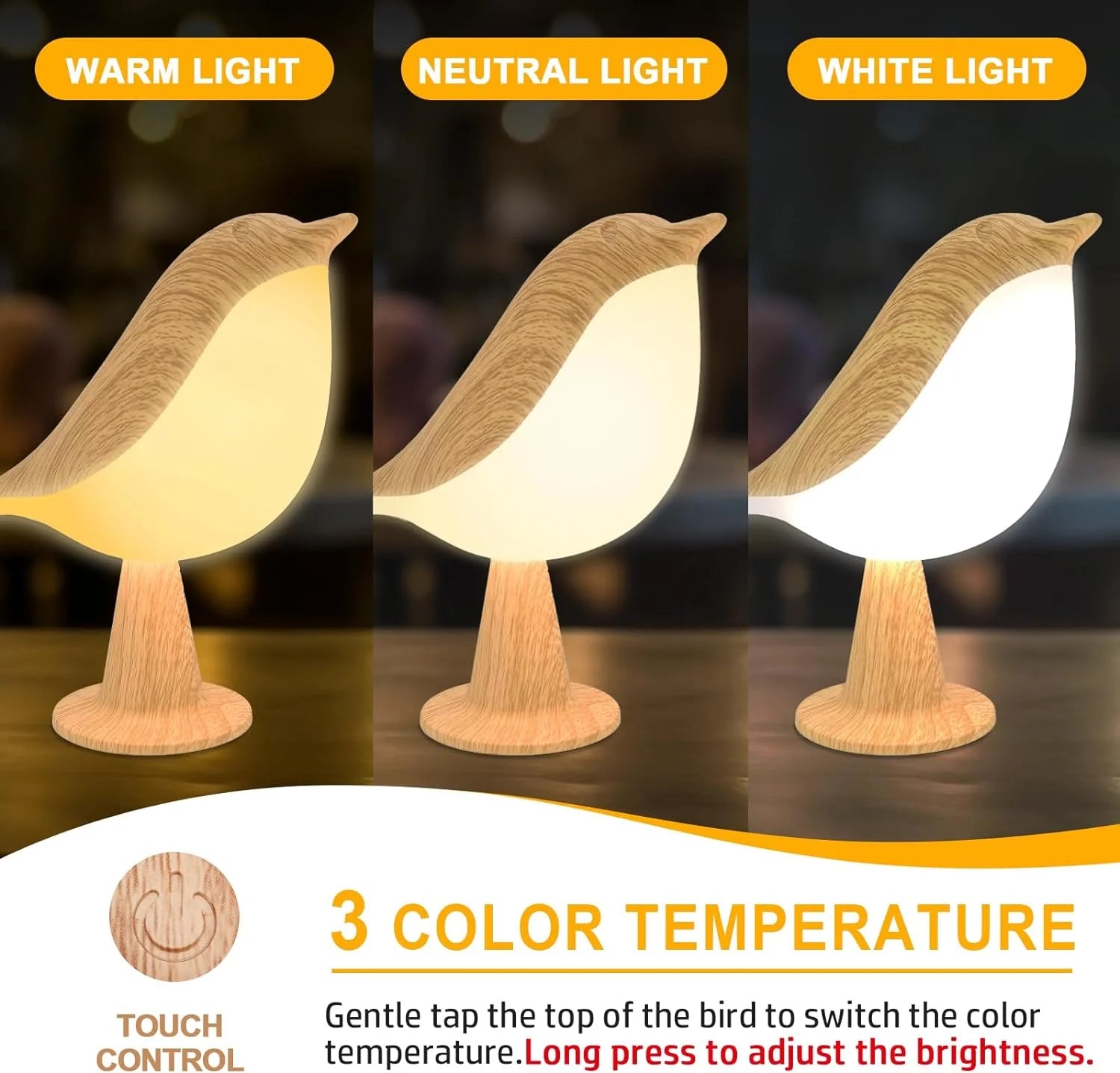 BowLift | Touch-Control Wooden Bird Night Light - Rechargeable LED Bedside Lamp