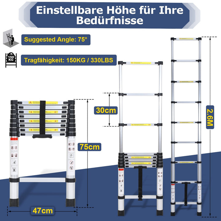 Telescopic Ladder Aluminum Load capacity up to 150kg 2.6m-5m | Bowlift