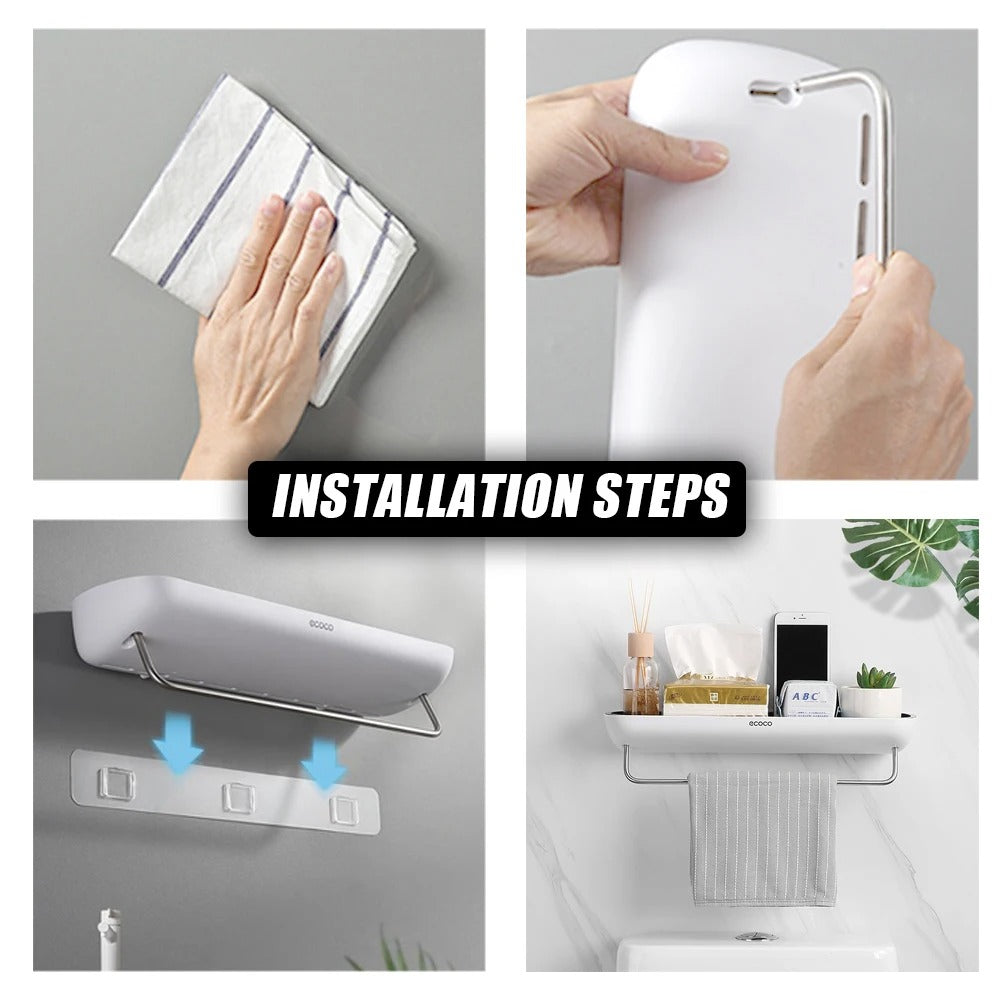 Wall-mounted shower shelf without drilling – With towel holder & drainage holes | Bowlift