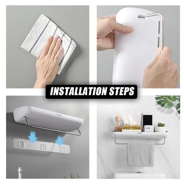 Wall-mounted shower shelf without drilling – With towel holder & drainage holes | Bowlift