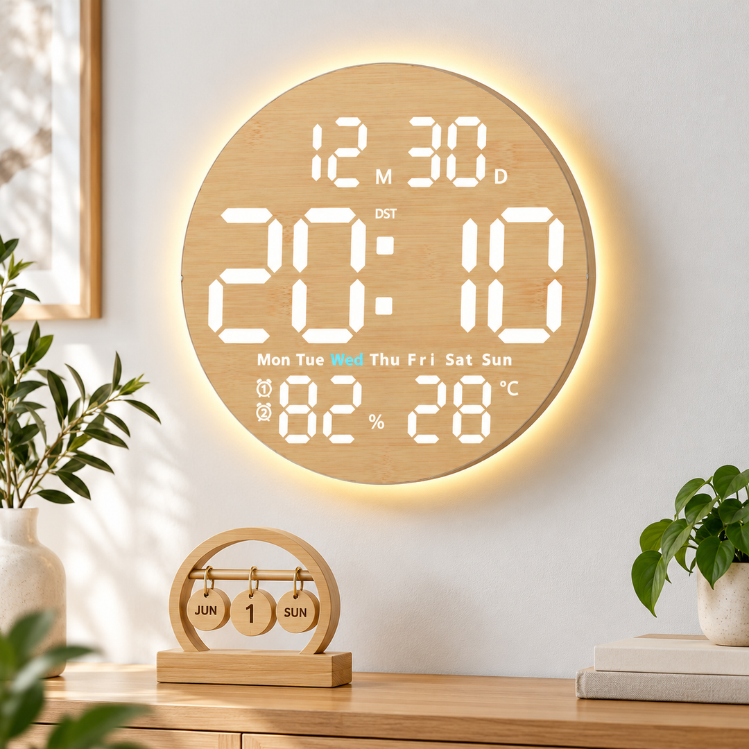Multi-function LED Wood Digital Clock with Temperature Humidity Sensor and Dual Alarm Bowlift