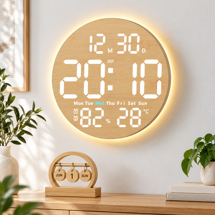Multi-function LED Wood Digital Clock with Temperature Humidity Sensor and Dual Alarm Bowlift