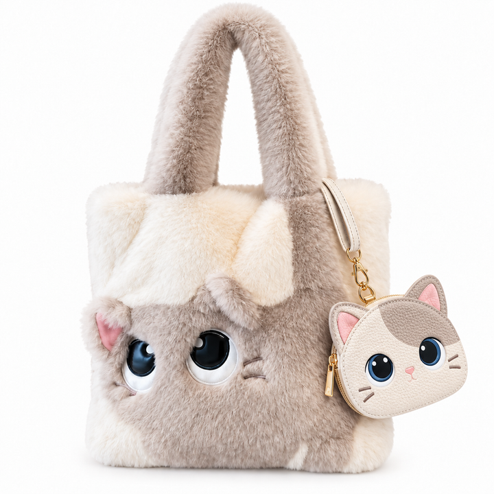 Plush Faux Fur Cartoon Eye-Appliqué Tote Bag with Bow Shoulder Straps Bowlift