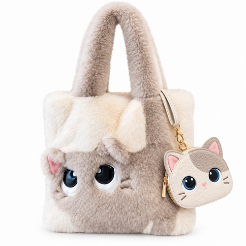 Plush Faux Fur Cartoon Eye-Appliqué Tote Bag with Bow Shoulder Straps Bowlift