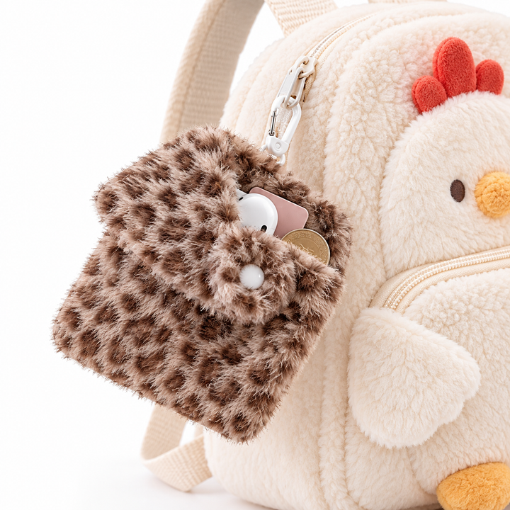 Faux Fur Leopard Print Mini Card Wallet with Snap Closure and Keyring Bowlift